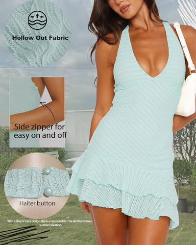Image of Women's Summer Dresses 2026 Sexy Halter V Neck Backless Hollow Out Ruffle Bodycon Cocktail Party Vacation Mini Dress