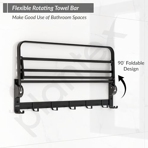 Plantex Aluminium Folding Towel Rack with Swivel Towel Rod/Towel Hanger for Bathroom/Towel Hanger with Hooks/Bathroom Accessories (24 Inch) Black