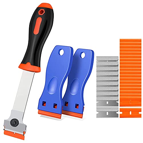 GUUZI Set Raschietto per Lame di Rasoio, 3Pcs Raschietti per Rasoi per Rimuovere Etichette, Adesivi, Grasso da Parabrezza, Elettrodomestici, Vetro(10 Lame Extra in Metallo e 20 in Plastica)