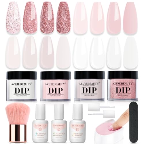AZUREBEAUTY Dip Powder Nail Kit Starter, 4 Colors Glitter Soft Pink French Nail Art, with Base Coat, Top Coat and Activator Liquid, Suitable for All Seasons, Ideal for DIY Manicure and Salon Use