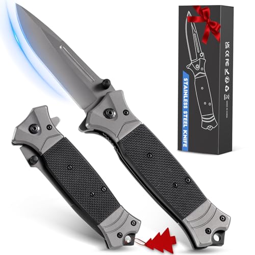 Rolgno Faca tática com quebra-vidros e clipe de bolso faca dobrável inoxidável afiada 3Cr13 EDC faca de sobrevivência com bloqueio de forro para acampar caça piquenique, presente para homem
