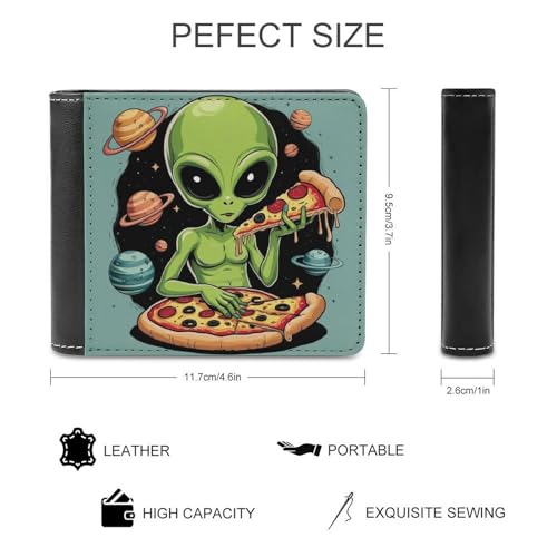 Mens PU Leather Bifold Wallet, Waterproof Lightweight Travel Purses Funny Space DJ Alien Eating Pizza Art Slim Thin ID Card Holder with Multiple Card Slots2