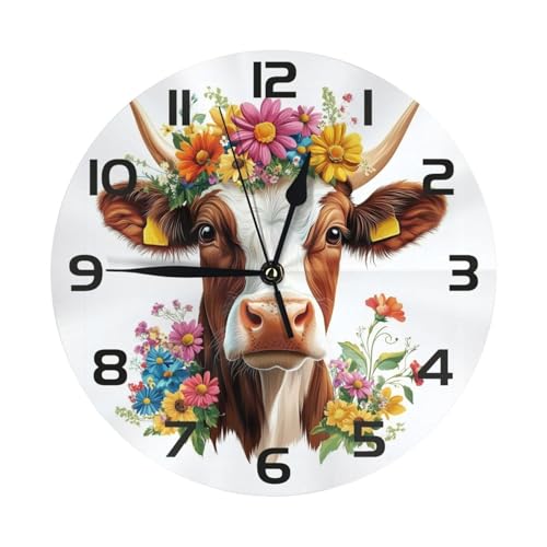 Mexpekil Horloge murale ronde silencieuse avec motif vache et fleurs colorées - 25 cm - Fonctionnement à piles - Moderne - Décoration pour salon, cuisine,...