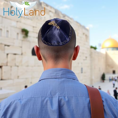 1 X Kippah with Messianic Sign Embroidered Satin-Navy by Shofars from Afar