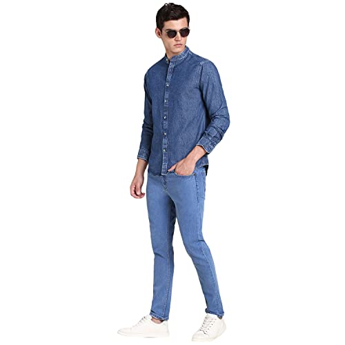 Image of Dennis Lingo Men's Solid Denim Cotton Slim Fit Full Sleeve Mandarin Collar Casual Shirt