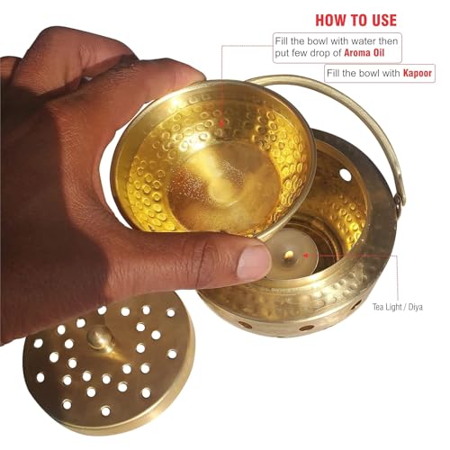 Pure Source India Multipurpose Brass Kapoor Dani, Aroma Diffuser, Incense Burner, Pack of 1 (Round)
