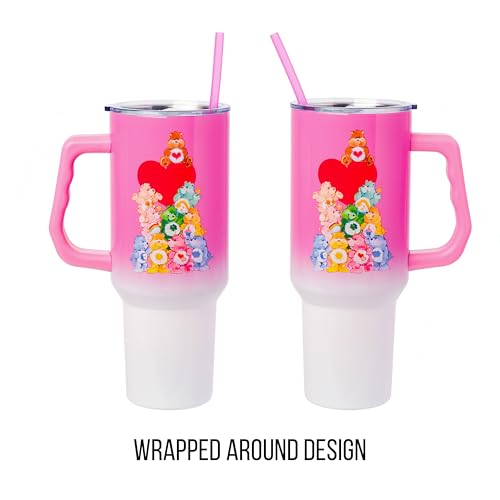 Image of Silver Buffalo Care Bears Watercolor Heart Ombre Double Walled Stainless Steel Tumbler with Handle and Straw, Fits in Standard Cup Holder, 40 Ounces
