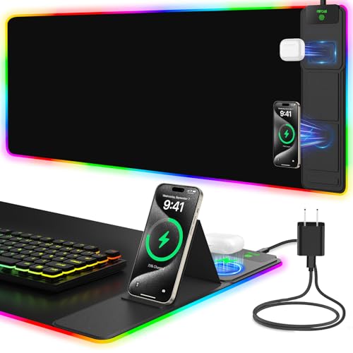Image of Mouse Pad with Foldable Phone Holder & Wireless Charger, XXL RGB Gaming Mousepad 31.5 inchx15.8 inch Large Desk Mat for Keyboard, Black Desk Pad with Dual Qi Charging Station | 11 Colors 5 Modes | Waterproof