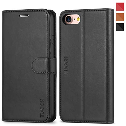 iPhone 8 Case, iPhone 7 Wallet Case, TUCCH Premium PU Leather Flip Folio Wallet Case with Card Slot, Stand Holder, Magnetic Closure [TPU Shockproof Interior Case] Compatible iPhone 7/8, Black