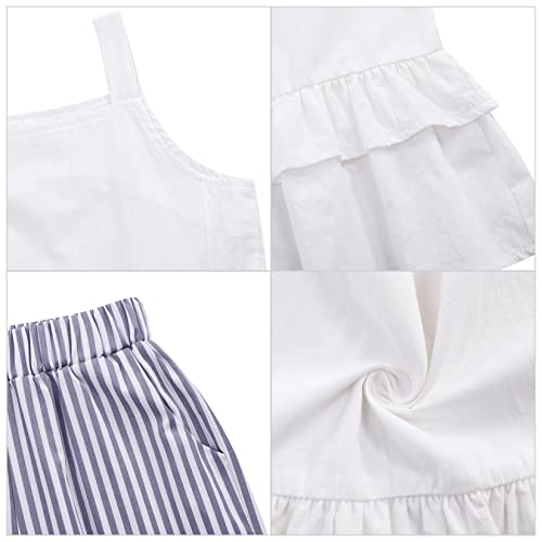 Image of Girl's 2 Piece Striped Outfits Cami Top Wide Leg Pants Ruffle Hem Summer Clothes with 2 Pockets 3-14Y