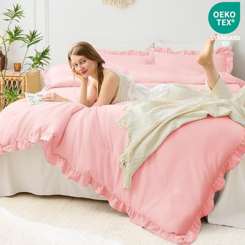 Image of FUANNA Full Size Comforter Sets Pink, 3 Pieces Ruffle Full Size Bedding Sets, Fluffy Bed in a Bag Full for All Seasons, Shabby Chic Full Bed Set with 1 Lightweight Comforter & 2 Pillowshams