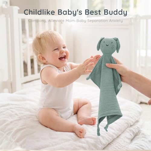Image of Green Bunny Organic Cotton Muslin Lovey Security Blanket for Newborns | Soft Muslin Comfort, Easy Grip Design, Self-Soothing Support, Baby Shower Gifts