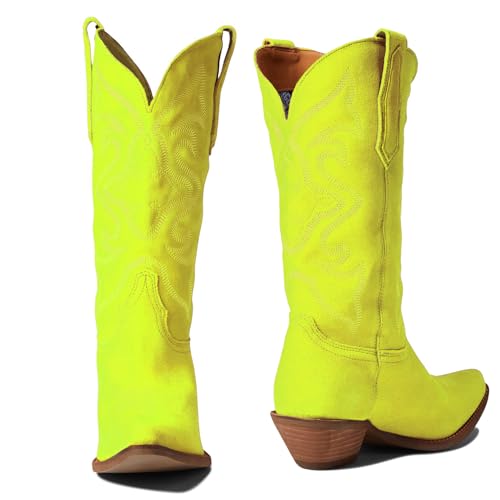Image of LEHOOR Cowboy Boots Women Embroidered Mid Calf Western Boots Stacked Low Heel Pointed Toe Pull On Cowgirl Boot 4-11 M US