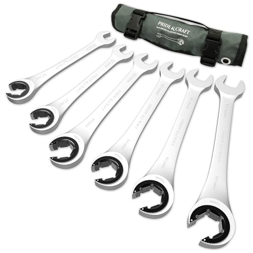 PRIDE&CRAFT 6-Piece Ratcheting Flare Nut Wrench Set Metric Tubing Wrench Set 10-17mm CR-V Steel Open-head Brake Line Wrench Set with Organizer Pouch