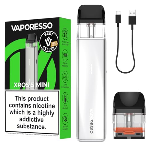 Vaporesso Xros 5 mini Vape Kit - (Titanium Silver) 1500mAh Rechargeable Battery 2A Fast Charging [10 Colours] LED Lights Refillable vape Kit Compatible With Xros Pods No Nicotine