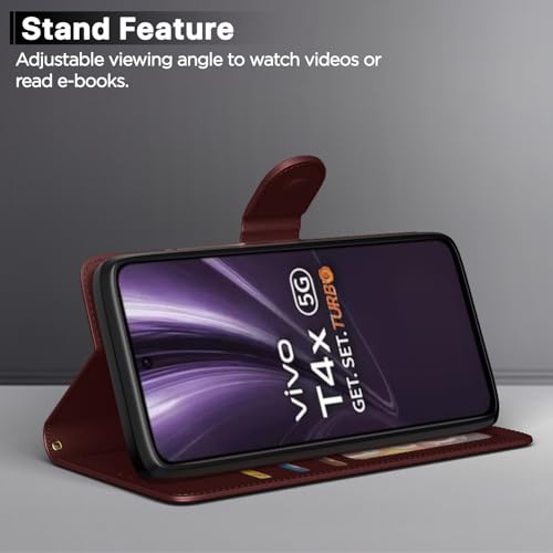 Image of Amazon Basics Flip Cover for Vivo T4x 5G / iQoo Z10x 5G Leather Finish | Wallet Stand and Shock Proof | Inside TPU with Card Pockets | Complete Protection Flip Case(Brown)