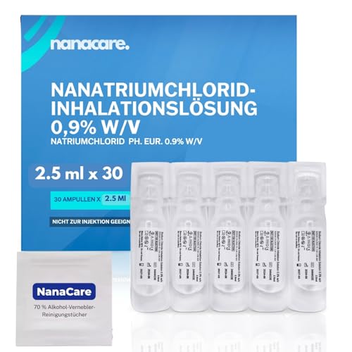 Sterile NaCl 0 9% Kochsalzlösung zur Inhalation 30 × 2.5 ml Ampullen + 10 Reinigungstücher Isotonische Lösung für Vernebler & Inhalationsgeräte Konservierungsmittelfrei