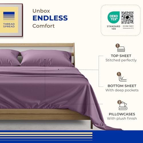 Image of THREAD SPREAD California King Bed Sheets, Luxury 1000 Series Paradise Collection 100% Egyptian Cotton Cal King Sheets Set (4 PC, Plum), Silky Soft, Cooling, 16 inch Deep Pocket Hotel Sheet Set