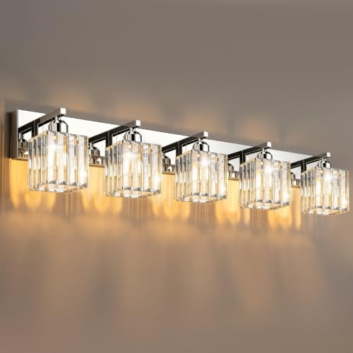 Image of Brushed Chrome Crystal Bathroom Vanity Light, 5-Light Modern Bathroom Lighting Fixtures Over Mirror,Chrome Wall Sconce Light Fixtures with Square Shade