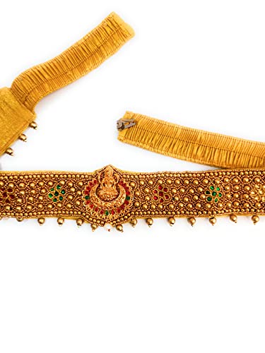 Traditional Laxmi Design Cloth Saree Waist Belt Stretchable Embroidery Kamarpatta Golden colour Kamarband for Women Temple Jewellery, XL, Cloth2