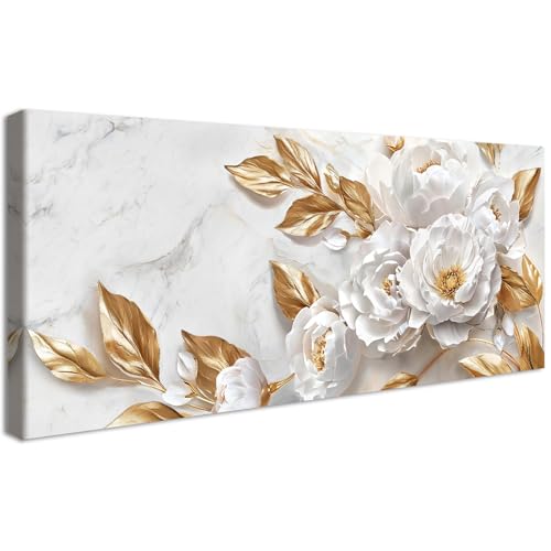 Cadre en Bois Impression sur Toile Peinture Marbre Pivoines Blanches Tableau Floral de luxe Feuilles D'or Image sur Toile Grandes Tableau Decoration Murale...