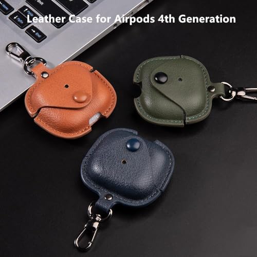 Image of Meyaar Leather Cover Case Compatible with AirPods 4 and AirPods 4 with Active Noise Cancellation (ANC) (2024) Front LED Visible. (Blue)