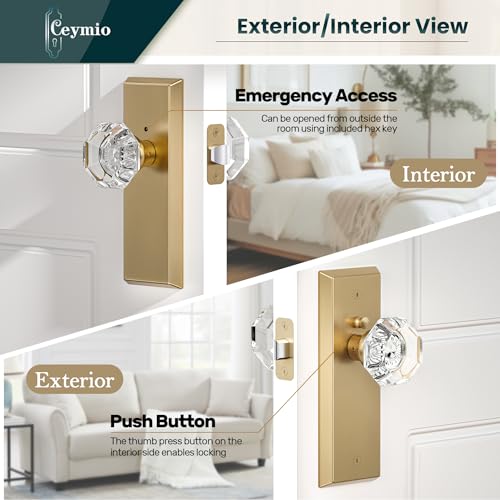 Image of Glass Door Knobs for Interior Doors - Vintage Crystal Privacy Bedroom & Bathroom Door Knob with Lock - Diamond Cut Door Handle - Satin Brass Finish (1 Pack)