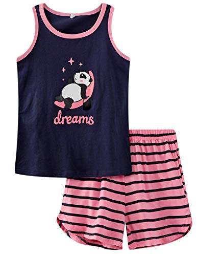 Cherrygirlbaby Short Sleeveless Pajama Set For Girls-Lovely Tank Top Sleepwear Summer Pyjamas Teen Pjs Set Size 12-18 (6, Navy Blue(Pandas)) #TOP19