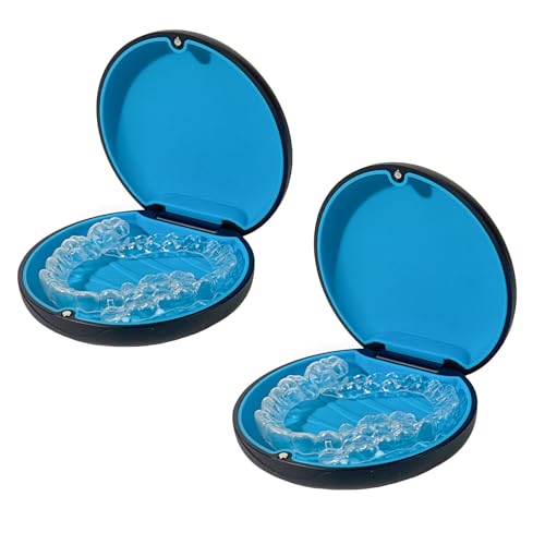 Maoerdental 2PCS Retainer Case Compatible with Invisalign Cute Slim Aligner Case Customized Magnetic Closure Orthodontic Retainer Cases (2 Pack Black + Blue Silicone)