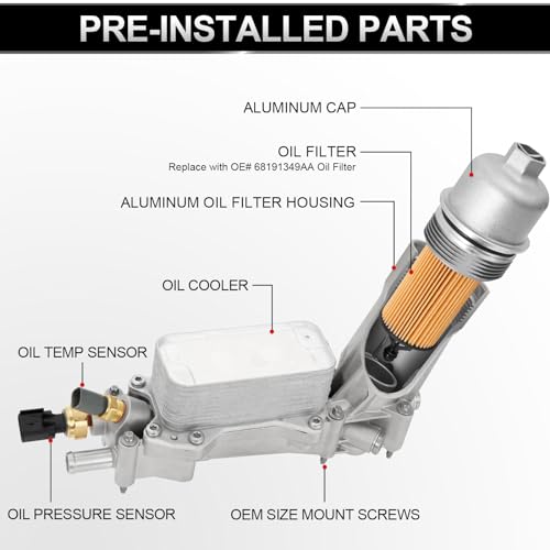 Upgrade Full Aluminum Engine Oil Filter Housing Oil Cooler Kit with Gaskets & Sensors Compatible with 2011-2016 Chrysler 200/300 Dodge Charger Avenger Journey Wrangler Ram Promaster 3.6L by TEMSONE - Image 5