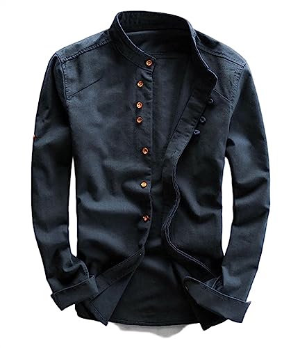 Men's Linen Cotton Regular Fit Long Sleeve Button Down Shirts, Casual Stand Collar Summer Shirts