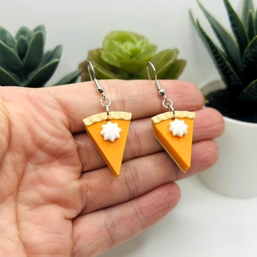 Handmade Pumpkin Pie Dangle Earrings, Fall Earrings, Plastic, 1.5 Inch Length, Whipped Cream Design, Novelty Dessert Theme, Silver-Tone Fish Hook, Party Wear, 2 Pieces2