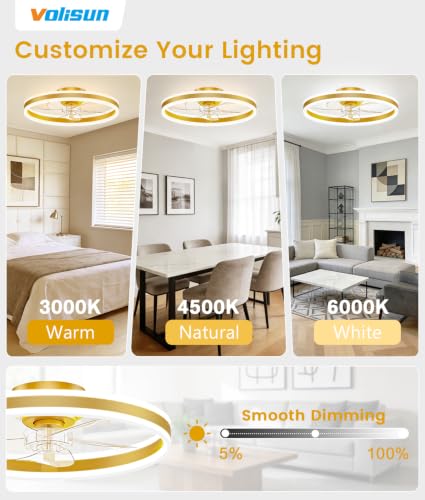 Image of VOLISUN Low Profile Ceiling Fans with Lights and Remote, 20in Flush Mount Ceiling Fans with Light, 3000K-6500K Dimmable Fandelier LED Fan Light, Gold Bladeless Ceiling Fans with Lights for Bedroom