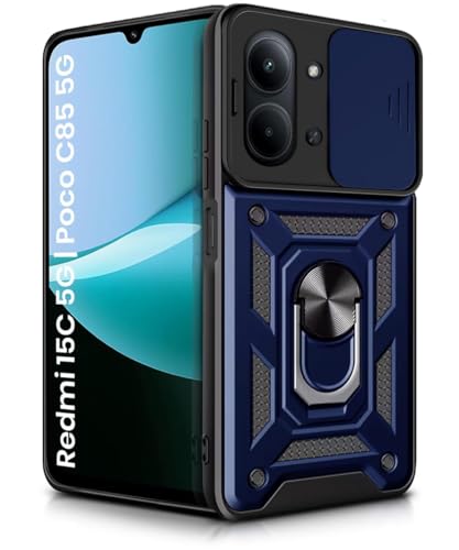 Image of Luxe Back Cover Compatible for Redmi 15C 5G / Poco C85 5G | D10 Tough Armor Case | Sliding Camera Shield | 360 Protection | Kickstand Ring Holder | Military-Grade Bumper Case - Blue