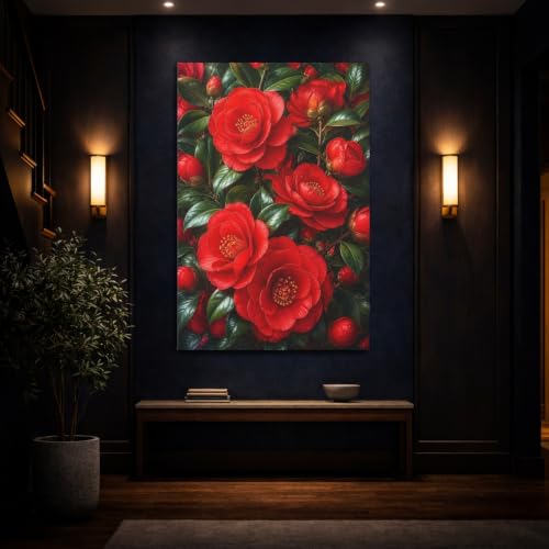 Tableau camélia rouge vertical 60x90cm décoration murale fleur salon