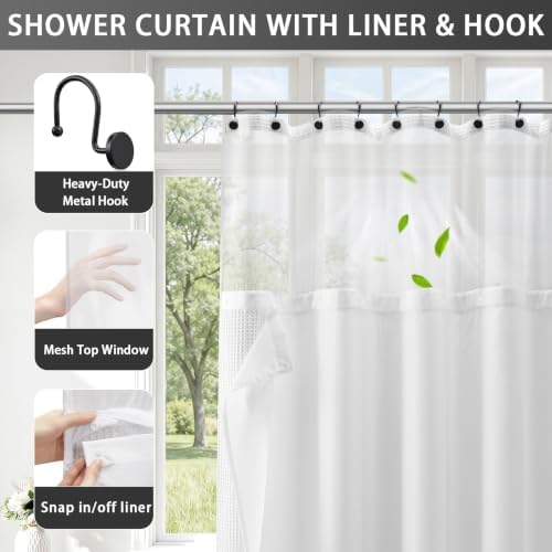 Waffle Shower Curtain Set with Fabric Snap-in Liner and Hooks White 72Wx72L - 1