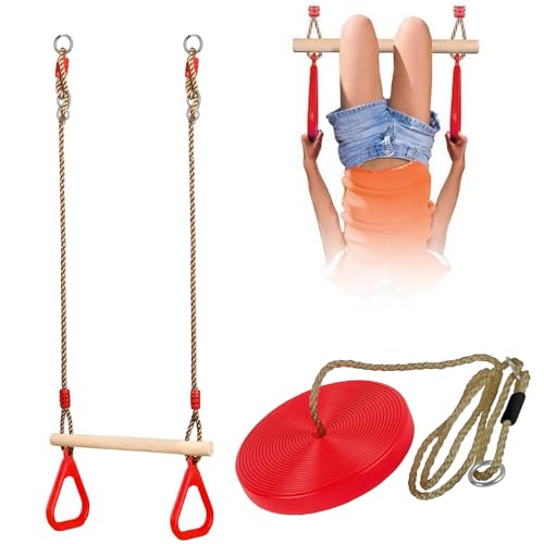 Set of Wooden Trapeze Monkey Bar Swing & Plate Disc Rope Swing Seat Garden Toy