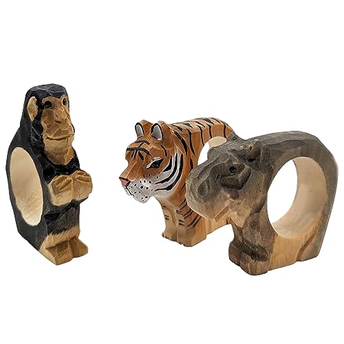 your castle Napkin Rings, Hand Carved, Animal Design, Tiger, Monkey, Hippo, Set of 3, Made of Wood, Hand-Painted, Versatile