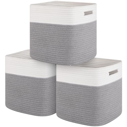 Image of Storage Cubes 11 Inch Cotton Rope Woven Baskets for Organizing, 3-Pack Cube Storage Bin | Square Baskets for Shleves, Closet, Baby Nursery Bins, Grey