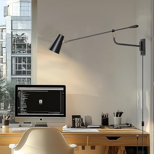 Image of 33 inch Large Black Rotatable Movable Long Pole Swing Arm Wall Sconce | Adjustable Direction Dual Power Modes Hardwired /Plug in Wall Light, Vintage Industrial Wall Lamps for Living Room Bedroom