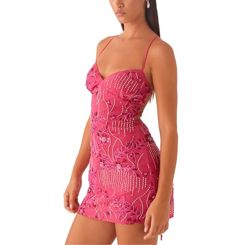 Moollyfox Sommerkleid Damen Kurz – Sexy Trägerkleid mit Pailletten, Glitzerndem Blumen & Perlenverzierung – Summer Dress Y2k, Shiny Enges Kleid...