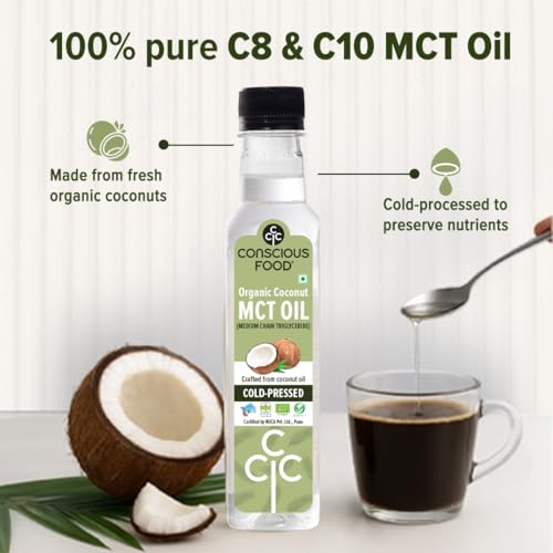 Image of Conscious Food Organic MCT Oil | 250 ml | Extracted From Cold Pressed Coconut Oil | C8 & C10 Medium Chain Triglyceride | Keto, Paleo, Vegan