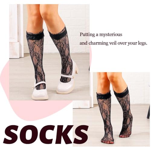 Knee High Fishnet Socks Mesh Lace Lolita Bowknot Lolita Lace Stocking for Women 2 Pairs3