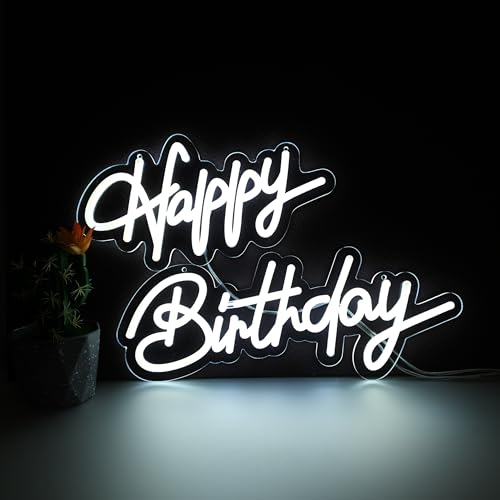 LIUISNEO Happy Birthday Neon Sign,Innovative Integral Forming Process,With Dimmable Switch For All Holiday Party and Home Decoration,Total Length 28Inch,White