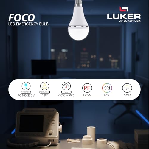 Image of LUKER JVLuker 12W Emergency LED Bulb B22 Base Energy Efficient Inverter Light 3.5 Hours Backup 120 Degree Wide Beam Coverage High CRI Lights for Home and Office 1 Year Warranty (Pack of 1, White)