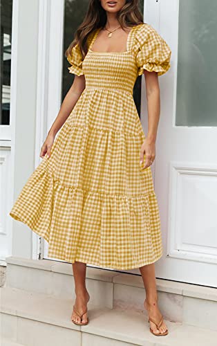 Image of ZESICA Women's 2026 Boho Summer Dresses Gingham Puff Sleeve Square Neck Flowy Beach Midi Dress