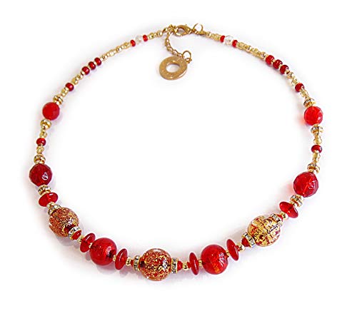 VENEZIA CLASSICA - Damen Halskette mit echte Murano Glas Perlen, Kollektion Diana, Rot mit 24kt Blattgold, handgemacht in Italien