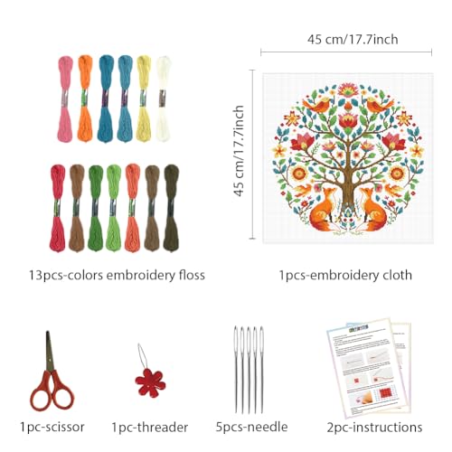 Image of FREEBLOSS 11CT Cross Stitch Kits Tree of Animals Pattern Stamped Cross Stitch Wall Painting Craft Kit Full Range of Embroidery Starter Kits for Adult Beginners with Instruction 17.7 x 17.7