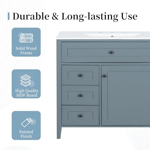 Image of 36 inch Bathroom Vanities with Top Set, Cabinet with Multi-Functional Tip-Out Drawer and Adjustable Shelf, Soft-Closing Door, Solid Wood Legs, Blue Gray