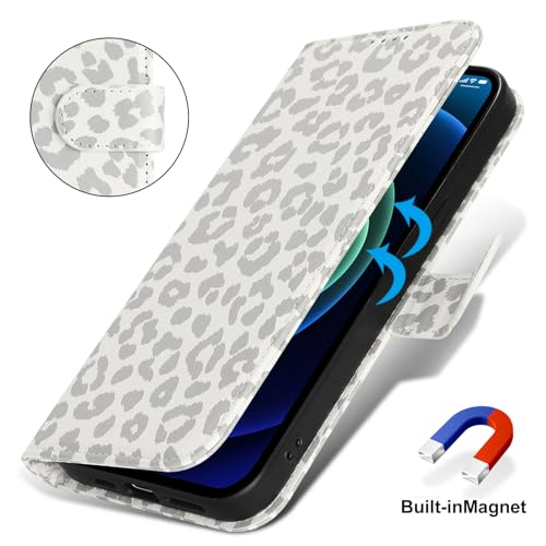 Image of for iPhone 13 Mini Case Wallet with Card Holder,for iPhone 13 Mini Wallet Case for Women Men,PU Leather Shockproof Magnetic Buckle Stand Flip Phone Case-White Leopard